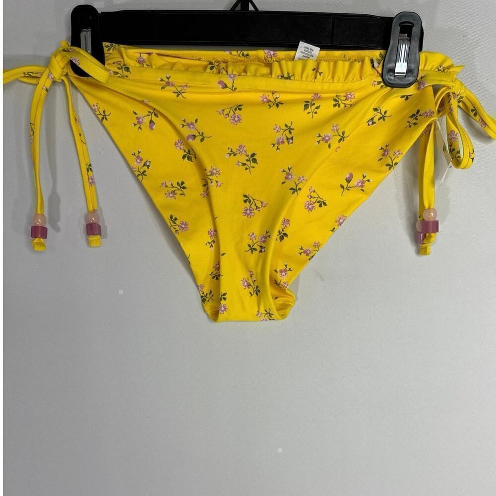 AERIE Women's Beaded Self Tie Ruffle Front Yellow Floral Prints Swimwear Bottom